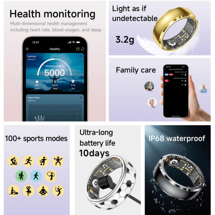Smart ring feature collage with gold and soccer-patterned rings and health app screens.