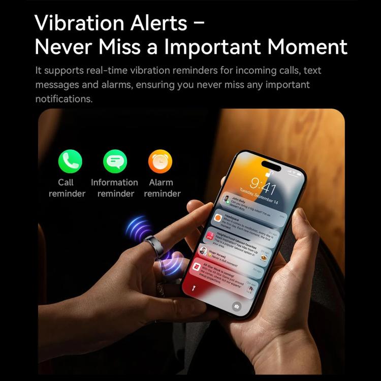 Smart ring worn on a finger beside a phone displaying notification alerts.