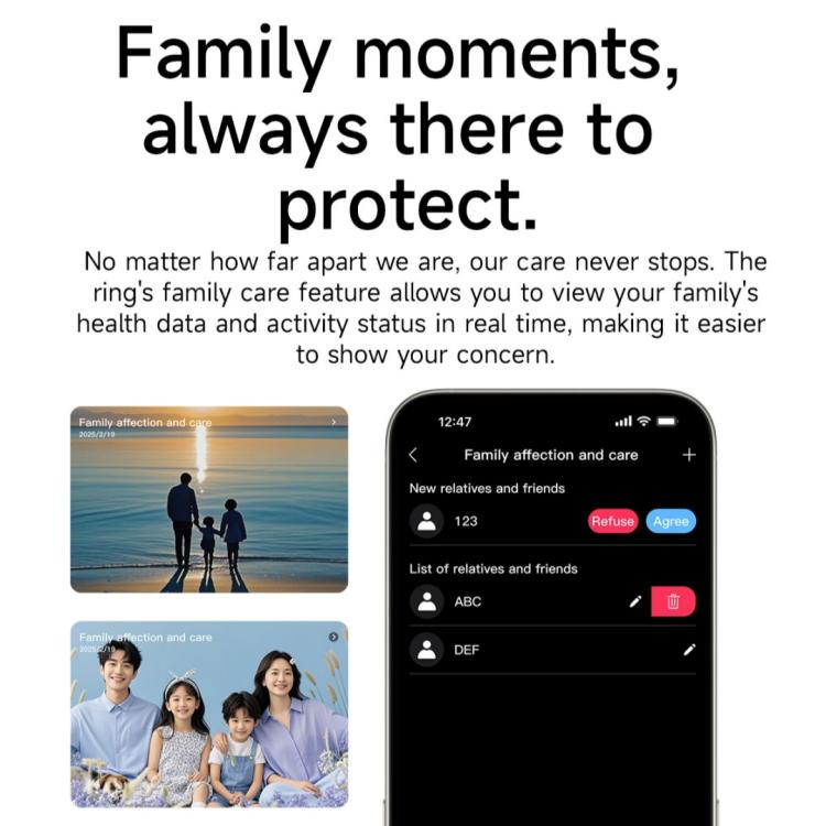 Smart ring companion app showing a family health and activity sharing screen.
