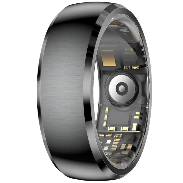 Black smart ring with a wide brushed band and visible inner sensors