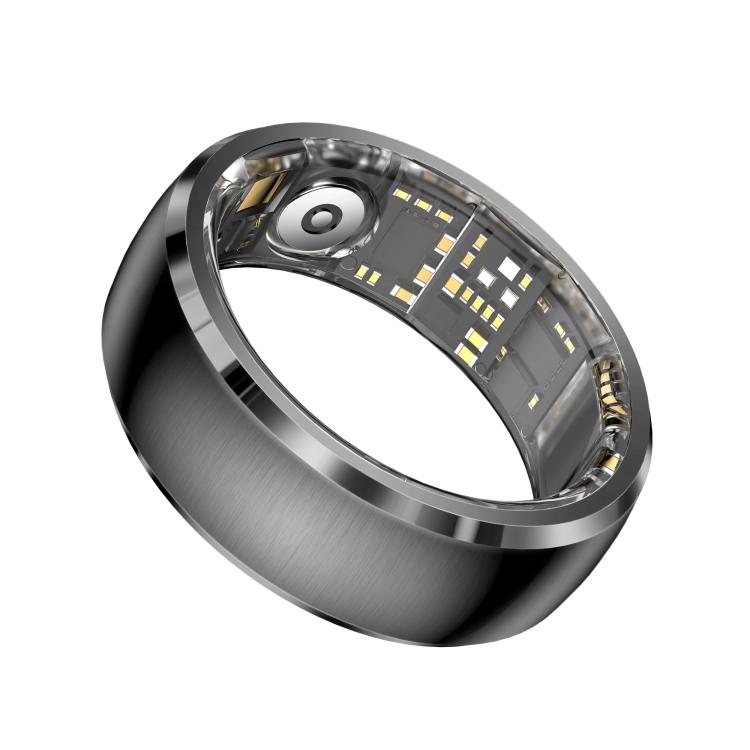 Black smart ring tilted to show its inner sensor array