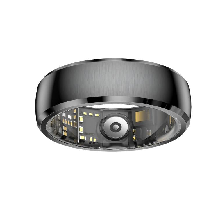 Black smart health ring with brushed finish and visible internal sensors.