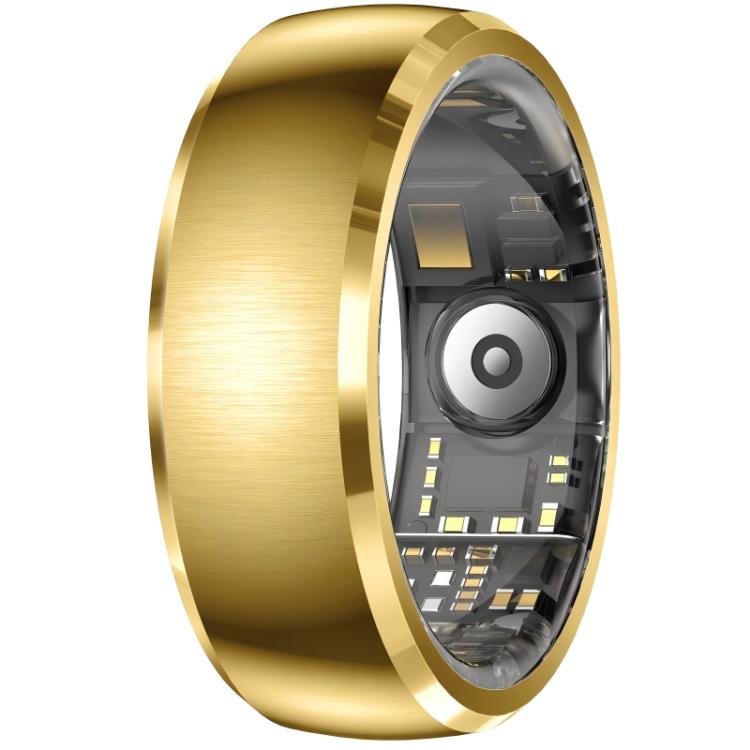 Gold smart ring with a wide brushed band and visible inner sensors