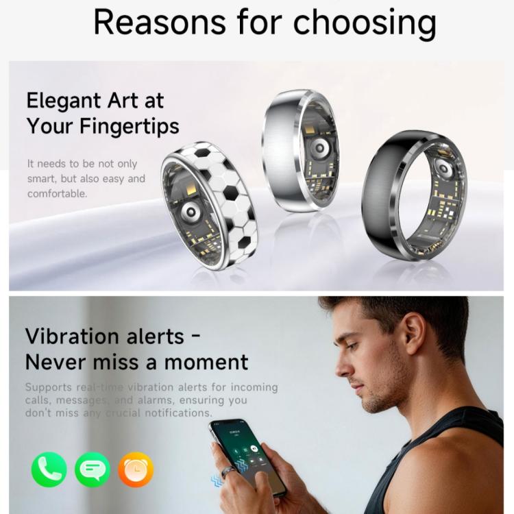 Smart rings in soccer ball, silver, and black finishes beside vibration alert details