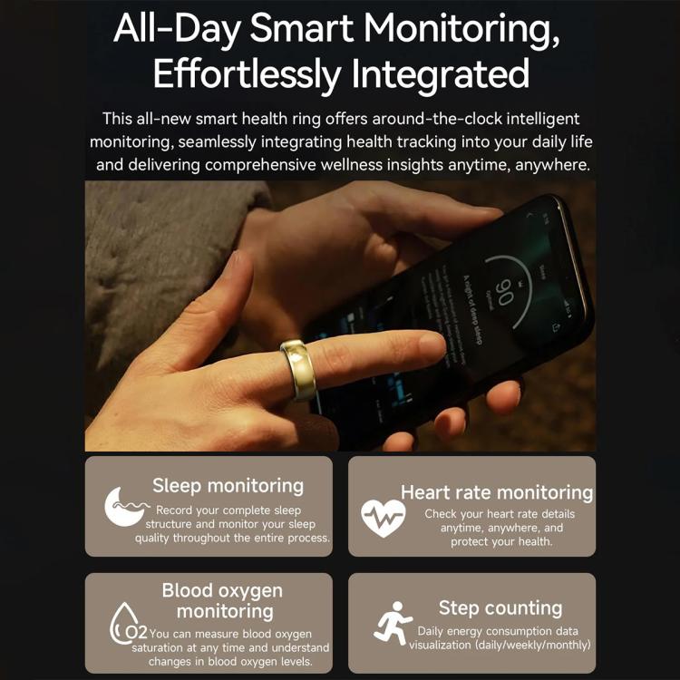 Gold smart ring worn while a phone displays health monitoring features