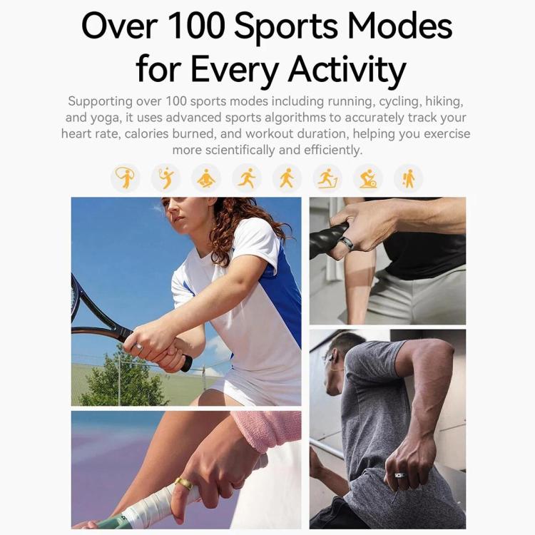Smart health ring shown during sports, cycling, and fitness activities.