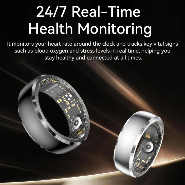 Black and silver smart health rings with exposed sensor components inside.