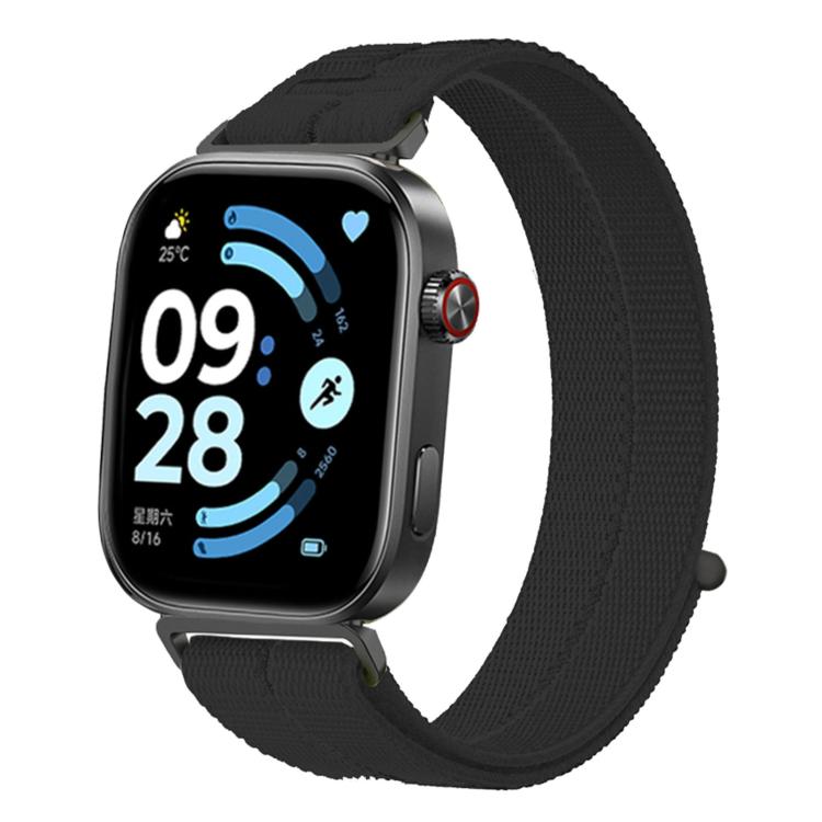 Black woven nylon loop watch band shown on a smartwatch