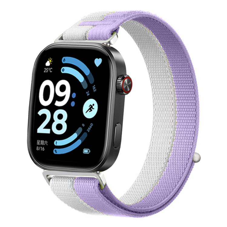Lavender and white woven nylon loop watch band shown on a smartwatch
