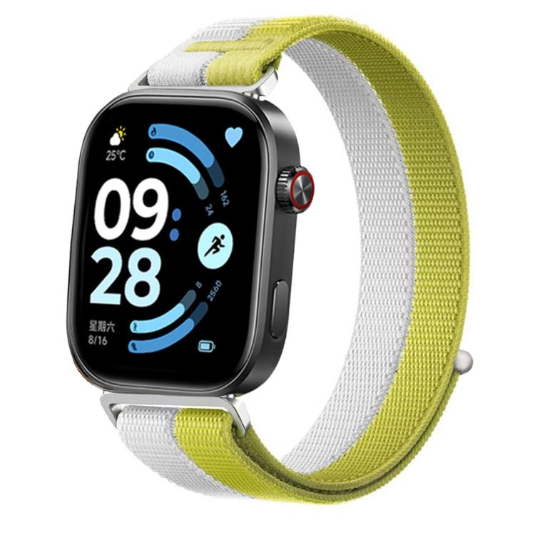 Nylon loop watch band with white and lime green woven panels and metal connectors