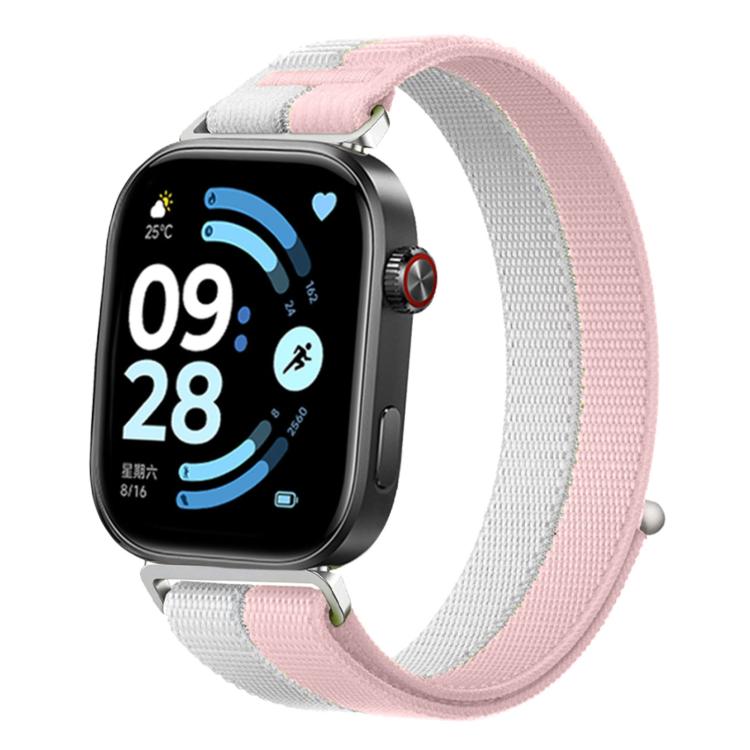 Pink and white woven nylon loop watch band shown on a smartwatch