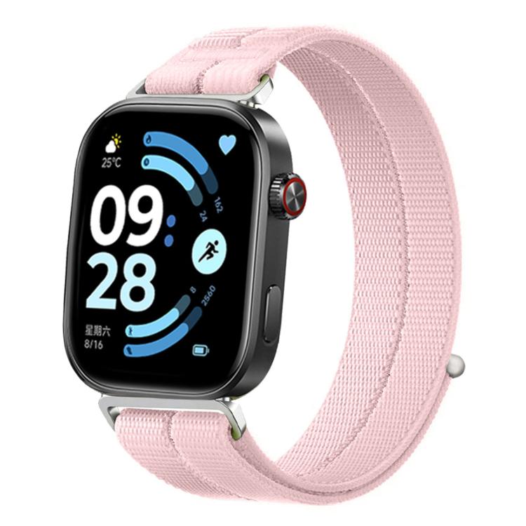 Solid pink woven nylon loop watch band shown on a smartwatch