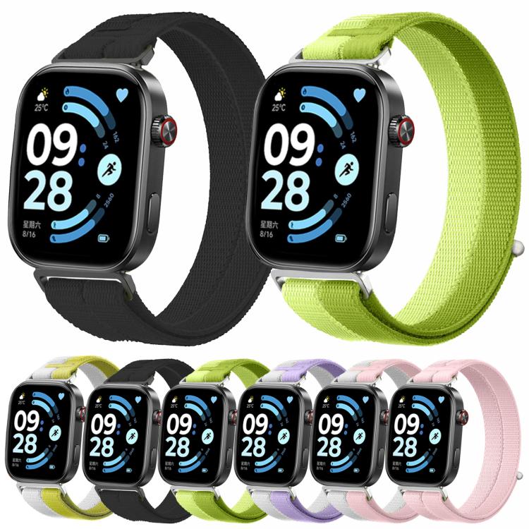 Woven nylon loop watch bands in black, lime green, lavender, and pink