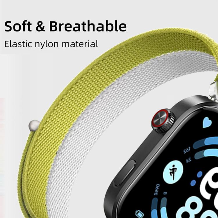 Lime green and white elastic nylon loop watch band shown on a smartwatch