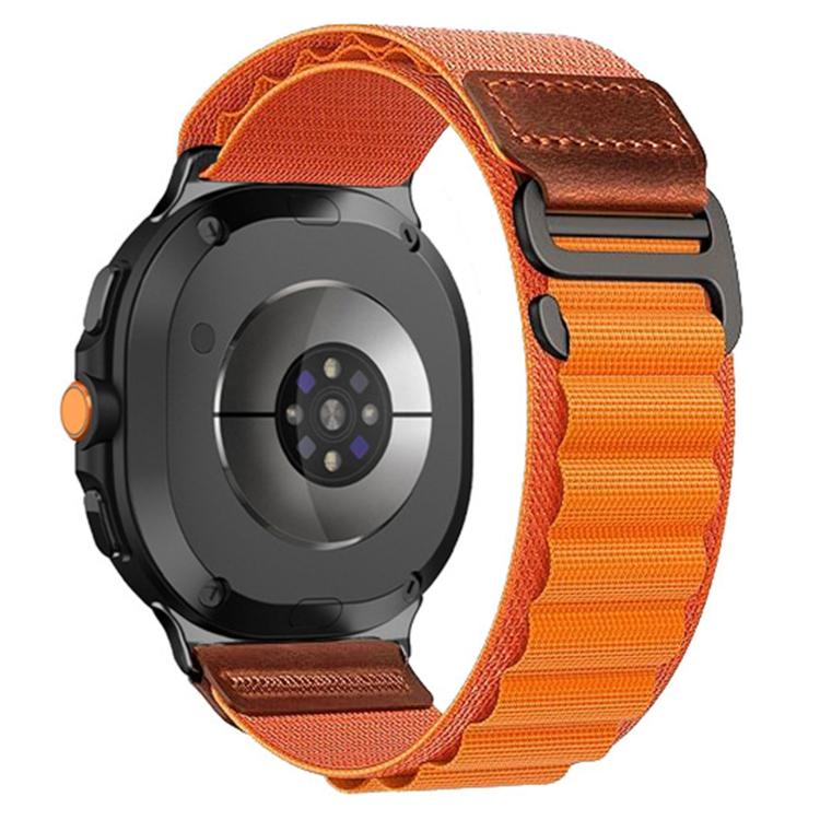 Orange alpine nylon watch band with brown leather tabs attached to a black smartwatch