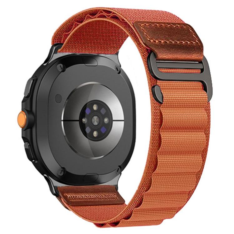 Alpine nylon loop watch band in rust orange with brown vegan leather tabs and dark hardware