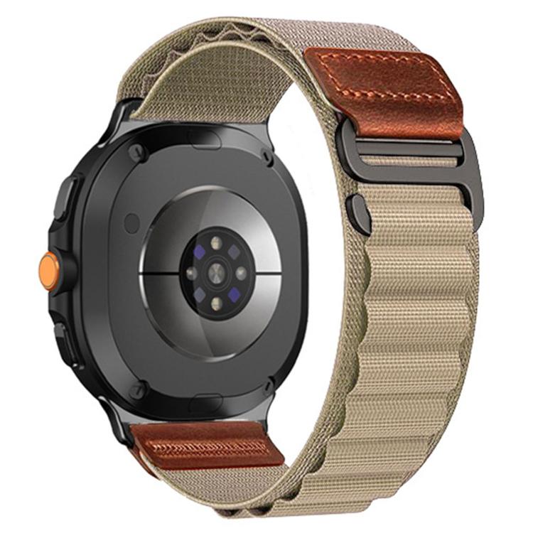 Alpine nylon loop watch band in olive with brown vegan leather tabs and dark hardware