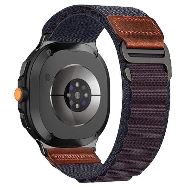 Alpine nylon loop watch band in dark indigo with brown vegan leather tabs and dark hardware