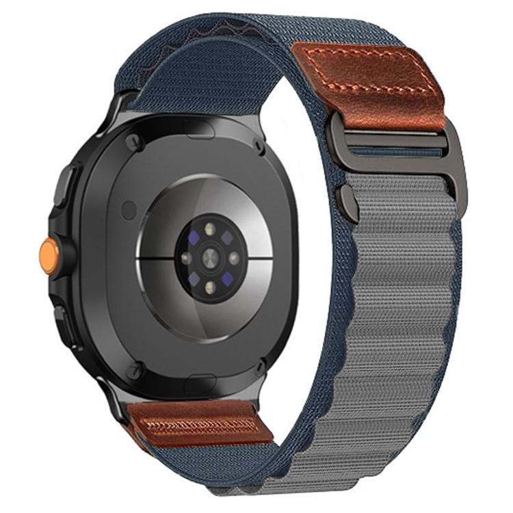 Alpine nylon loop watch band in blue gray with brown vegan leather tabs and dark hardware