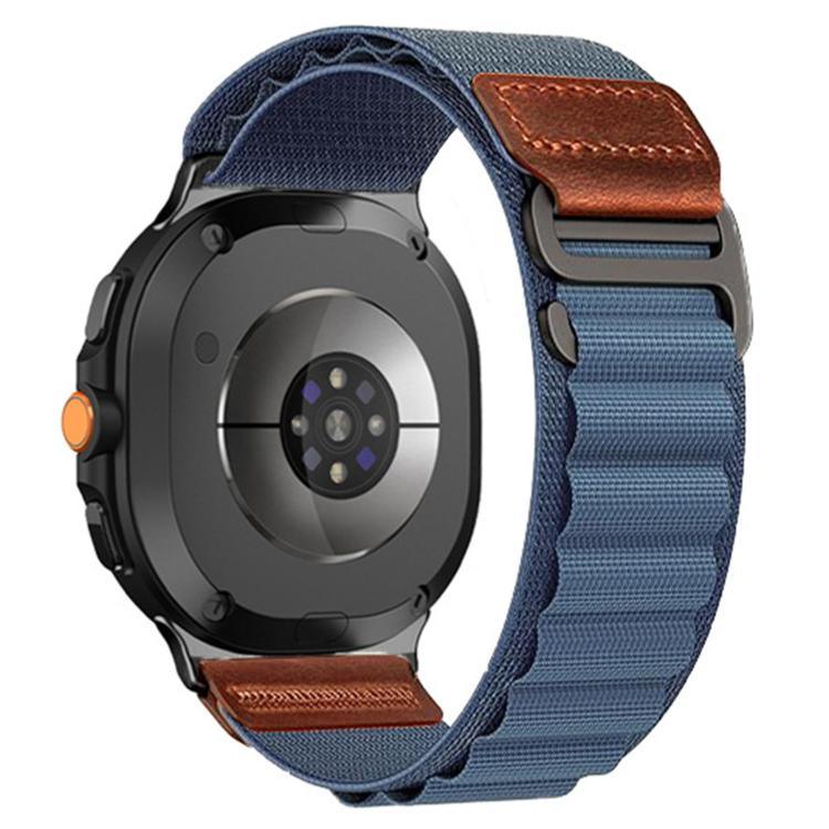 Alpine nylon loop watch band in blue with brown vegan leather tabs and dark hardware