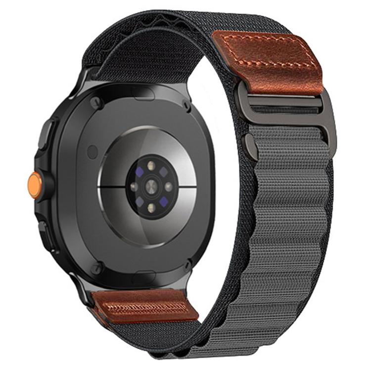 Alpine nylon loop watch band in dark gray with brown vegan leather tabs and dark hardware