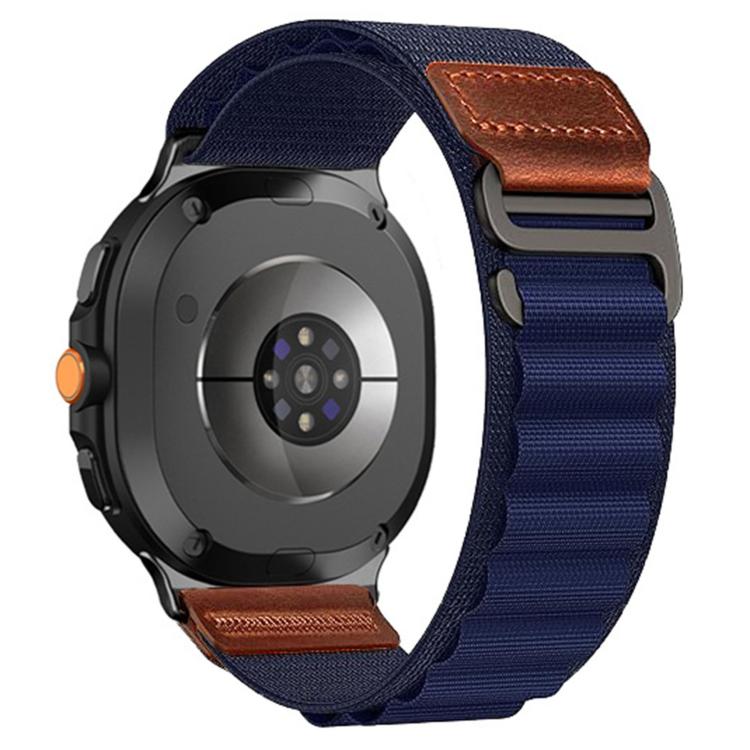 Alpine nylon loop watch band in navy blue with brown vegan leather tabs and dark hardware