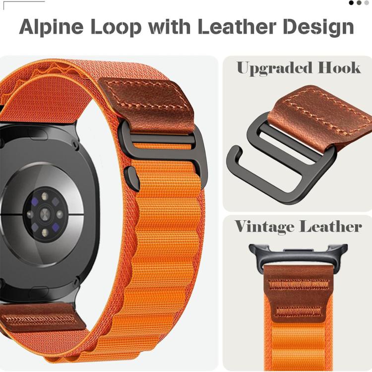 Orange alpine nylon watch band with brown leather tabs and a dark metal buckle