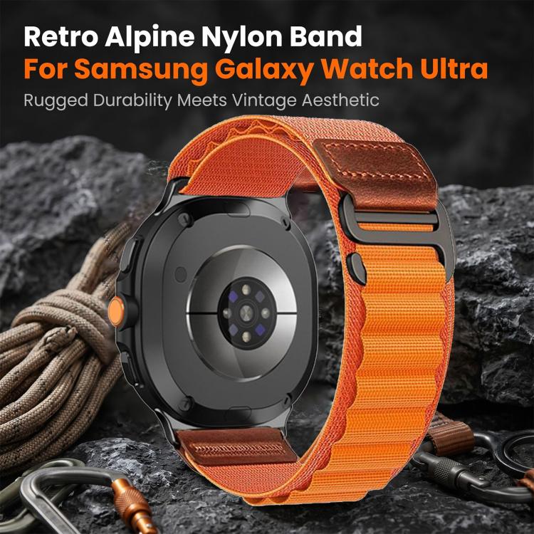 Orange alpine nylon watch band with brown leather tabs attached to a black smartwatch