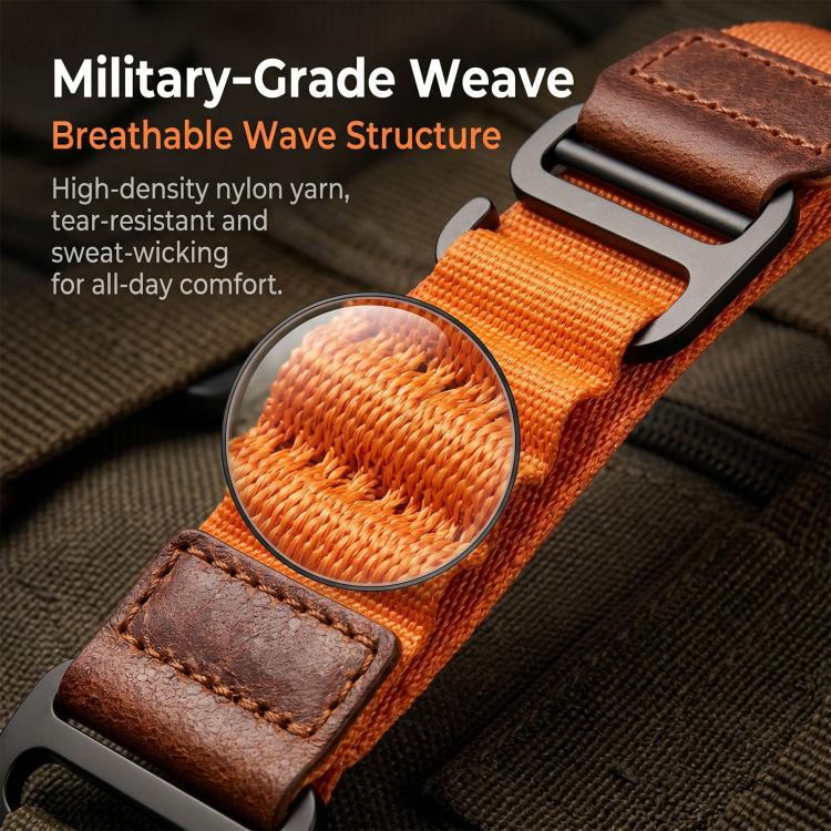 Close-up of orange woven nylon watch band with stitched brown leather tabs and metal hardware