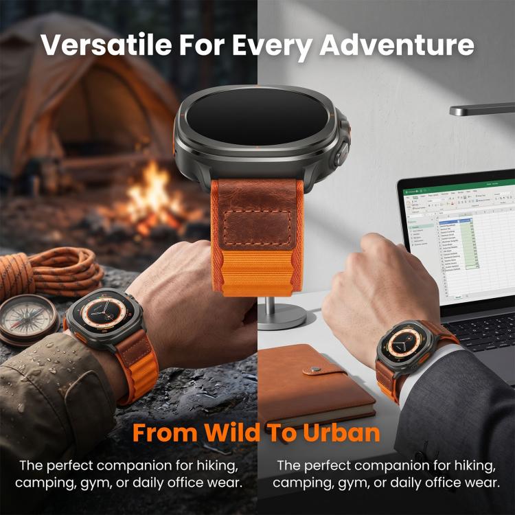 Orange alpine nylon watch bands worn with smartwatches on two wrists