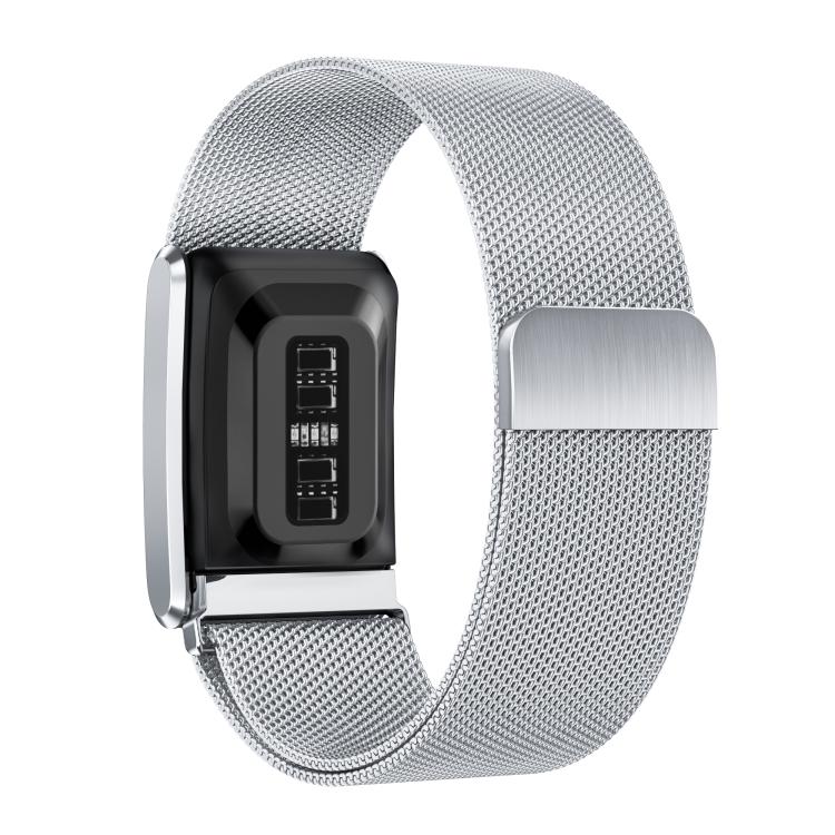 Silver mesh watch band fitted around a WHOOP tracker