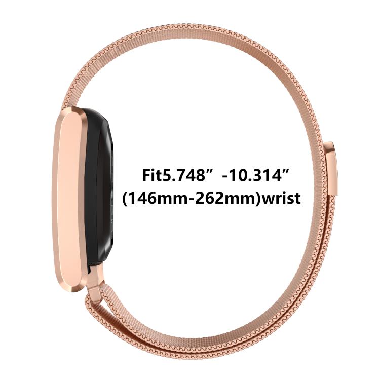Rose gold mesh watch band shown in profile with a wrist fit range of 5.748 to 10.314 inches