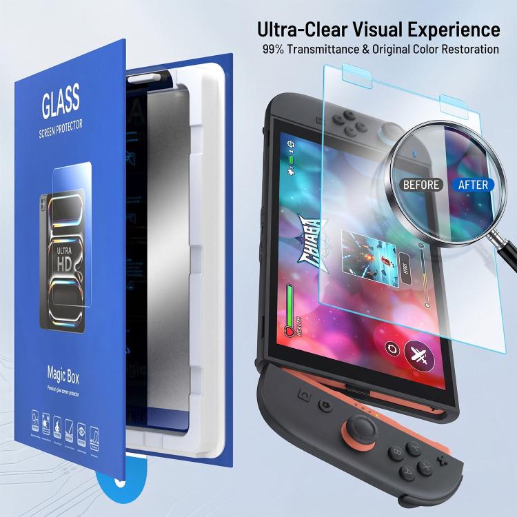 Tempered glass screen protector film for Nintendo Switch 2 with clarity comparison