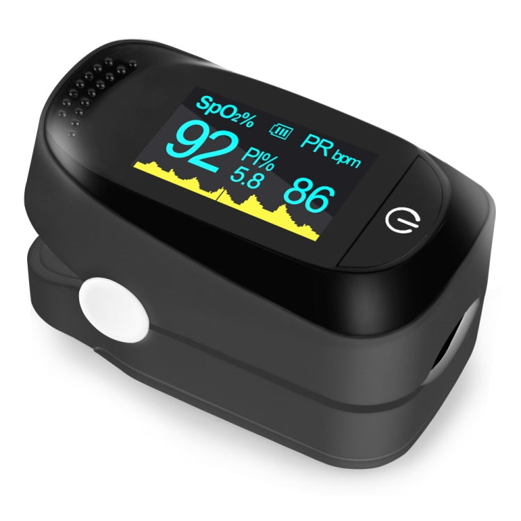 Black pulse oximeter with OLED display showing SpO2, PR, and PI values