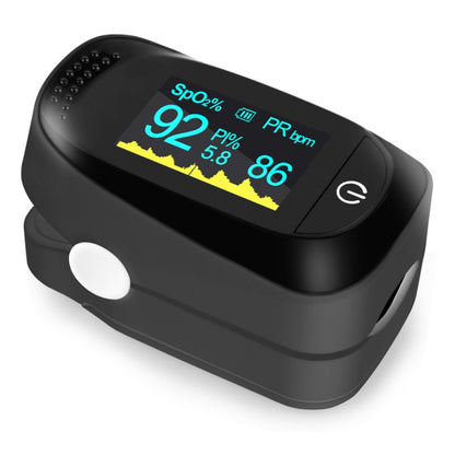 Black pulse oximeter with OLED display showing SpO2, PR, and PI values