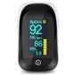 Black pulse oximeter with white trim and OLED screen showing SpO2 and PR