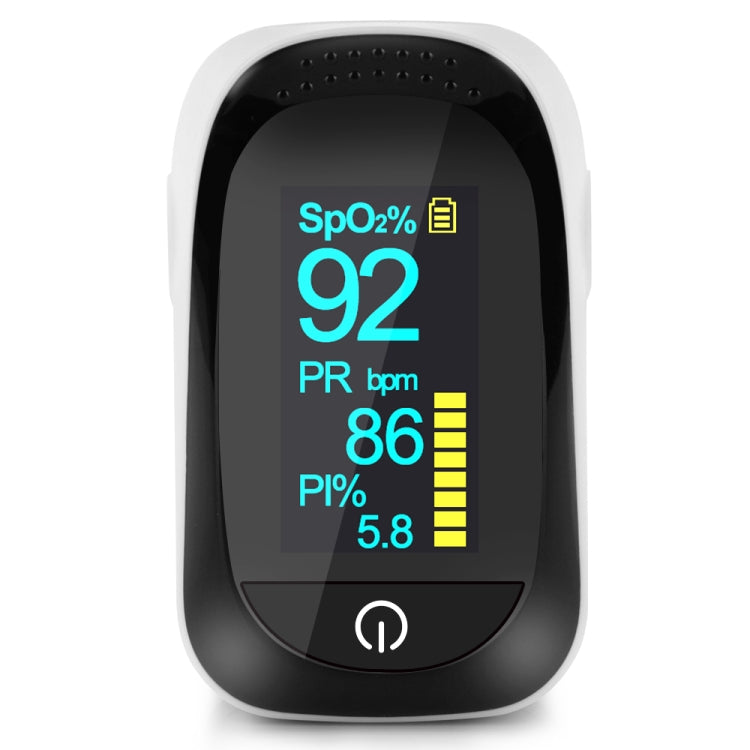 Black pulse oximeter with white trim and OLED screen showing SpO2 and PR