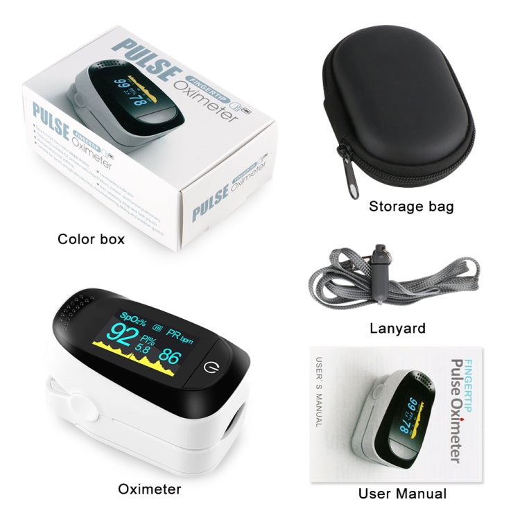Pulse oximeter kit with retail box, user manual, lanyard, and storage bag