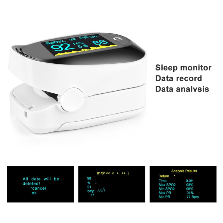 White pulse oximeter with OLED screen and front sensor window