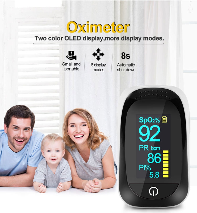 Black pulse oximeter with OLED display showing SpO2, PR, and PI bars