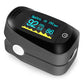 Black pulse oximeter close 3/4 view with OLED screen showing SpO2 and PR