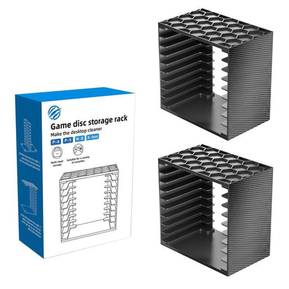 Game disc storage rack, black modular tower with open slots for cartridges or discs