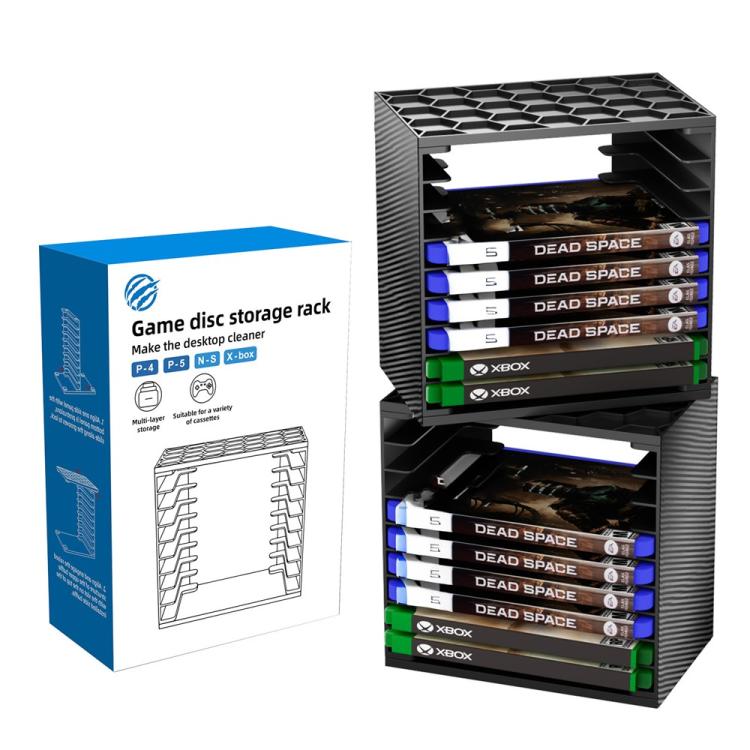 Black modular game disc storage tower rack with slots and inserted game cases