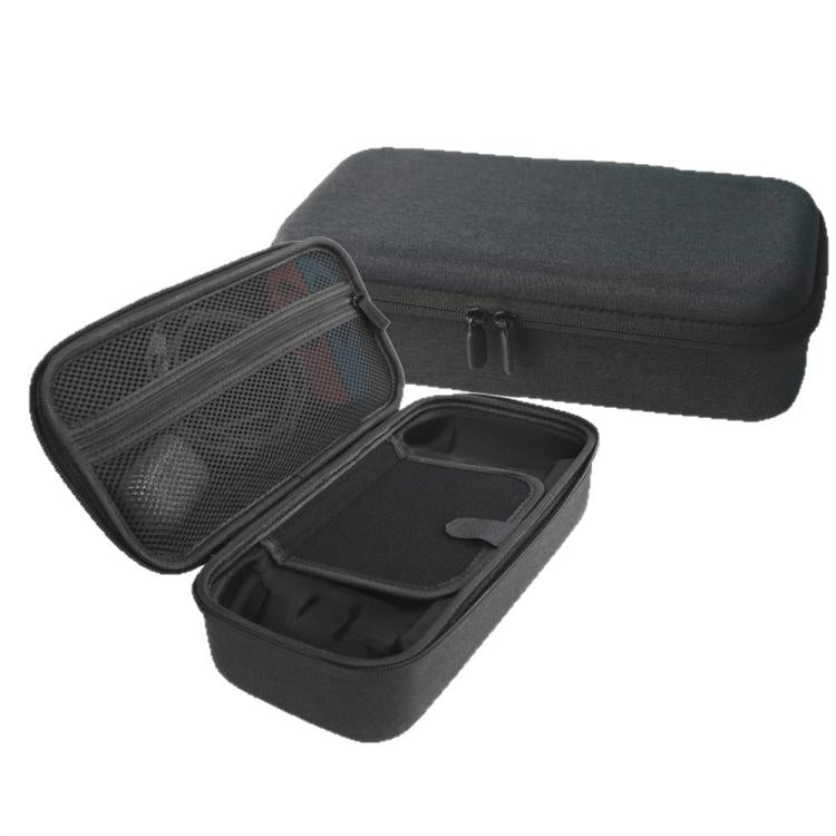 Shockproof EVA hard shell travel bag with open lid and internal mesh pocket, dark gray.