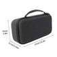 Dark gray console travel case with carry handle and zip closure, shown with size dimensions.