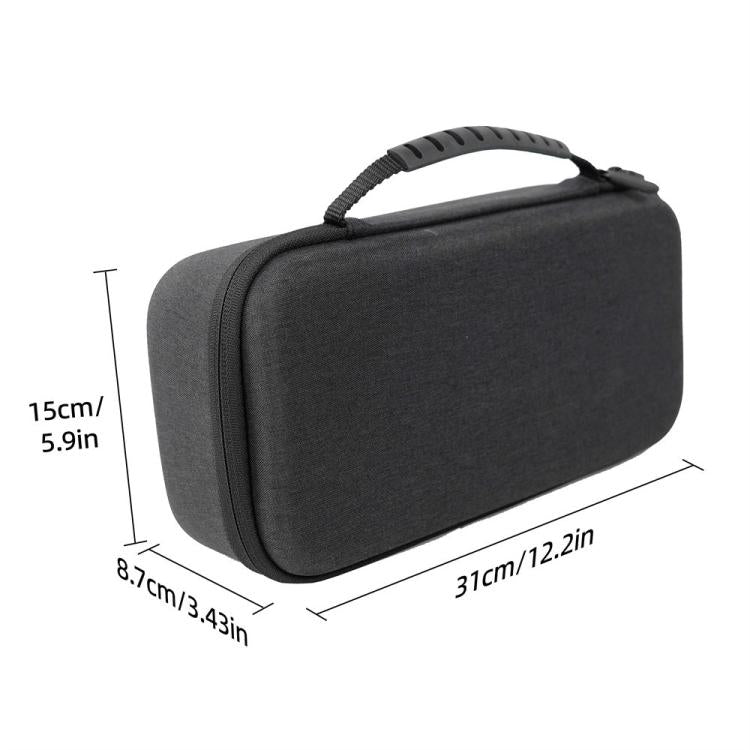 Dark gray console travel case with carry handle and zip closure, shown with size dimensions.