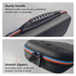Black hard case with padded carry handle and orange-trimmed zipper with ribbed pull