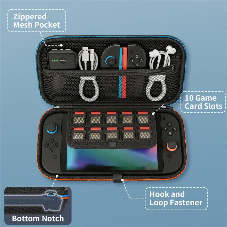 Nintendo Switch storage bag, open front with mesh pocket, black EVA, dual zipper