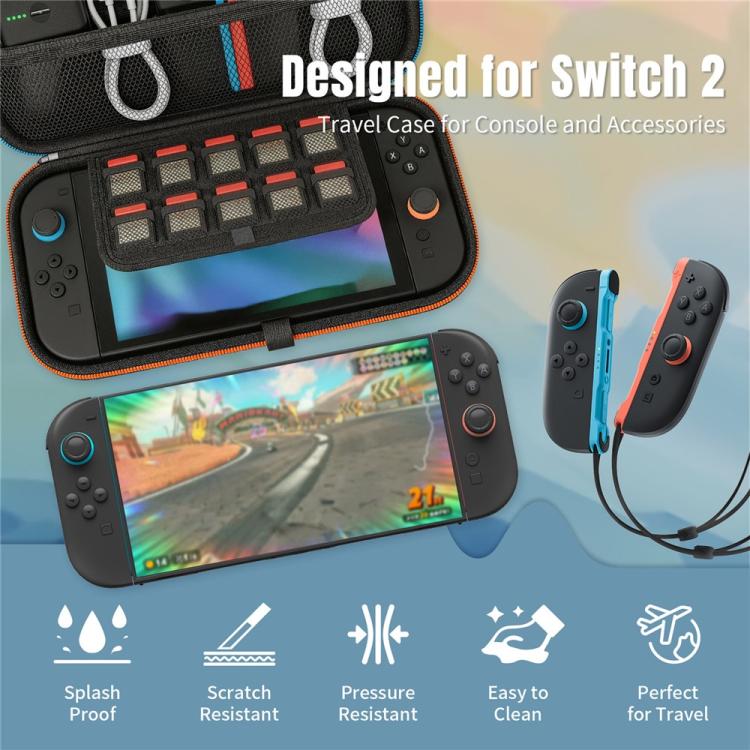 Nintendo Switch storage bag with orange-edged EVA shell and tool slots for accessories