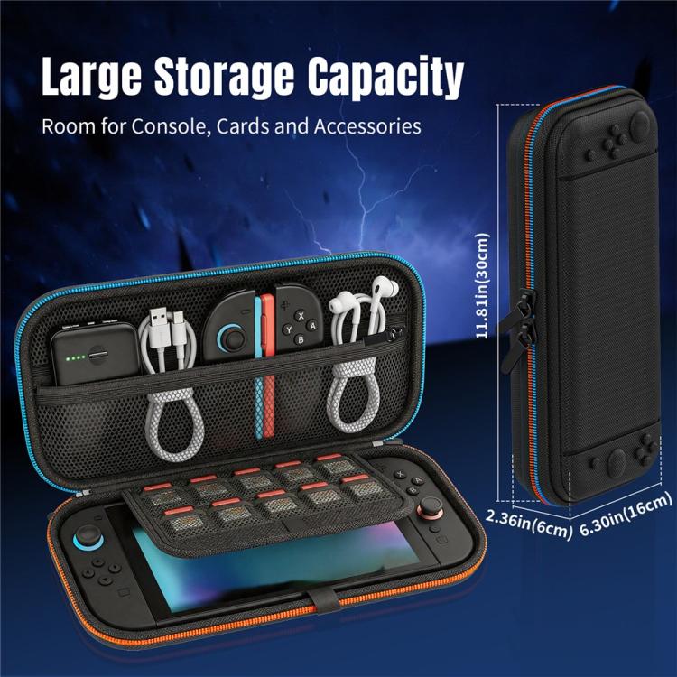 Nintendo Switch storage bag with open organizer and tall hard-shell side panel, black
